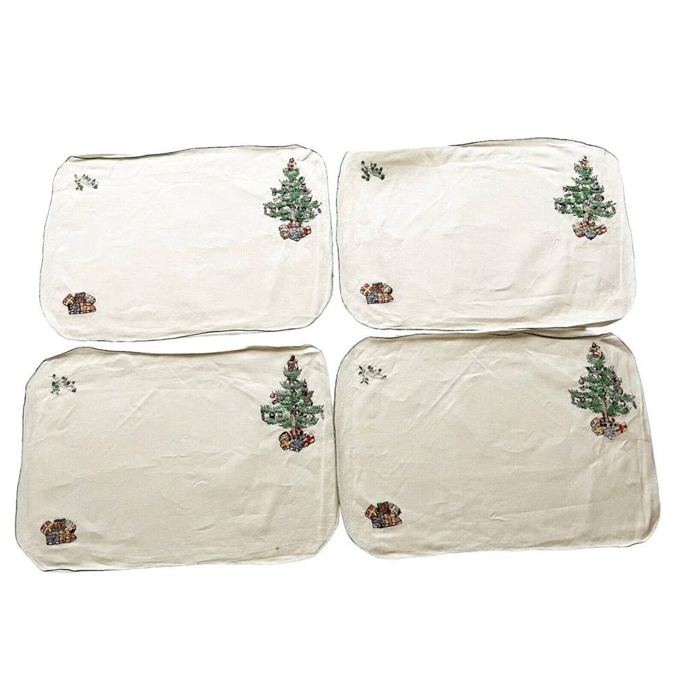 Vtg JABARA 8 pc Linen Placemat Napkin Set Embroidered Christmas Tree Presents